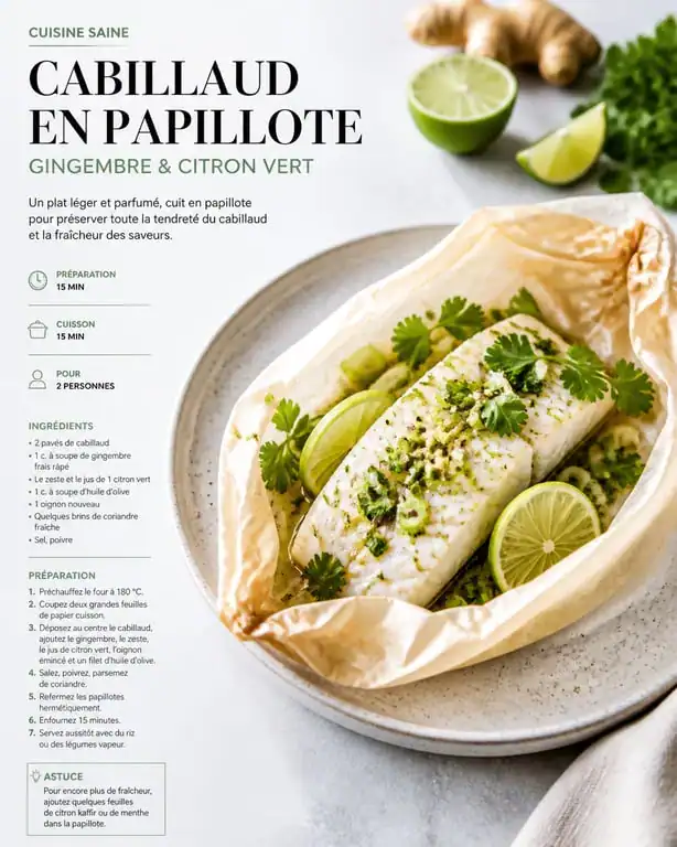 Papillote de cabillaud au gingembre et citron vert, recette pour maigrir le ventre