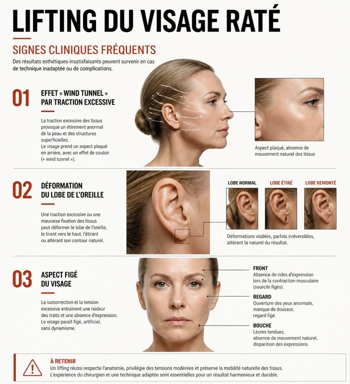 Schéma explicatif des signes cliniques d'un lifting du visage raté pour mieux comprendre les risques et complications.