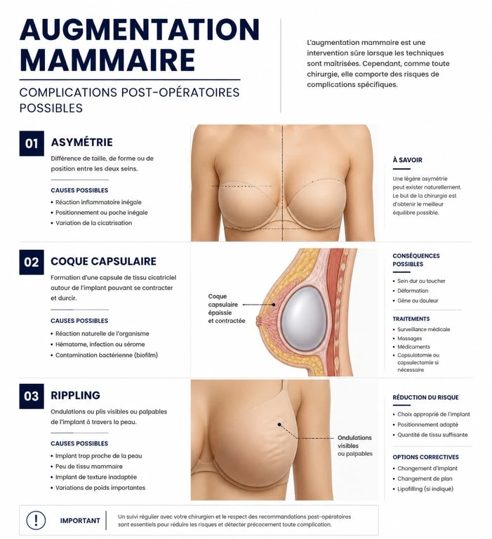 Schéma explicatif des complications après une augmentation mammaire ratée : asymétrie, coque et rippling
