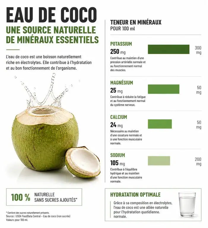 Infographie des bienfaits nutritionnels et minéraux de l'eau de coco pour la santé