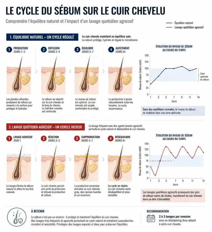 Infographie sur le cycle du sébum et la fréquence idéale pour se laver les cheveux tous les jours