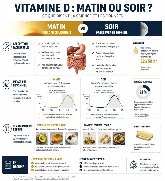 Infographie comparative sur la prise de vitamine D le matin ou le soir pour optimiser l'absorption et le sommeil