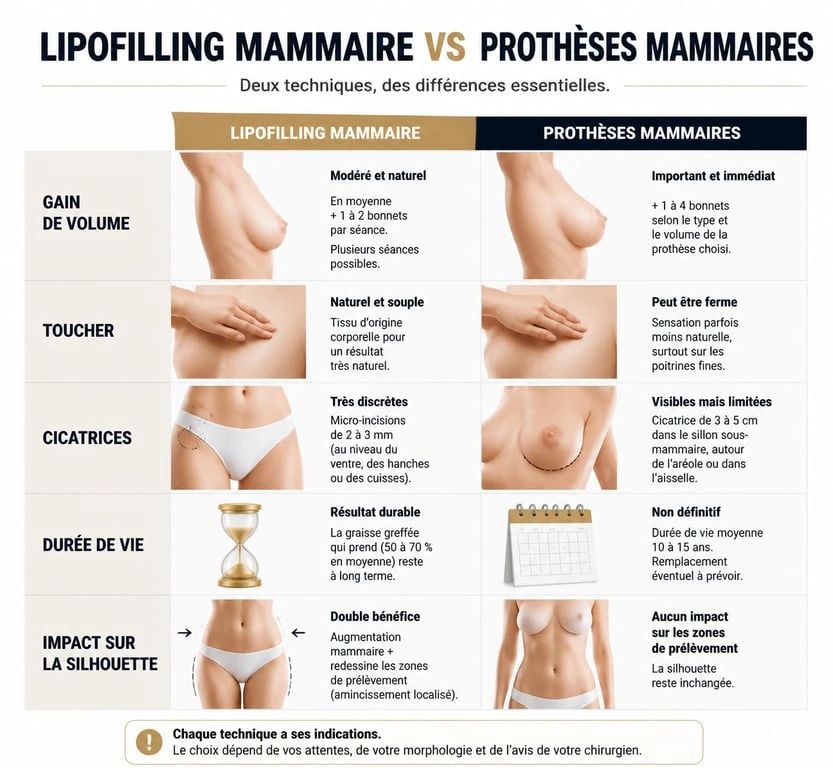 Comparatif lipofilling mammaire vs prothèses mammaires : résultats avant après et différences techniques