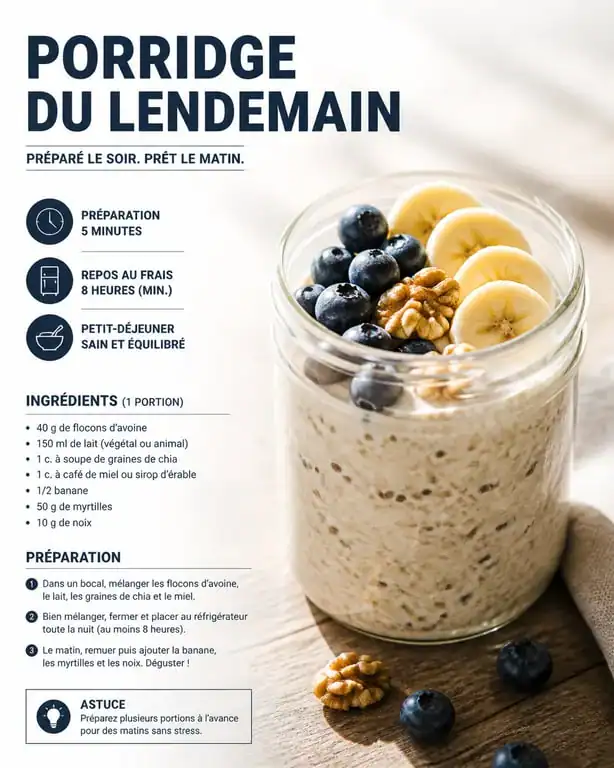 Recette de porridge crémeux overnight aux graines de chia pour un petit déjeuner équilibré