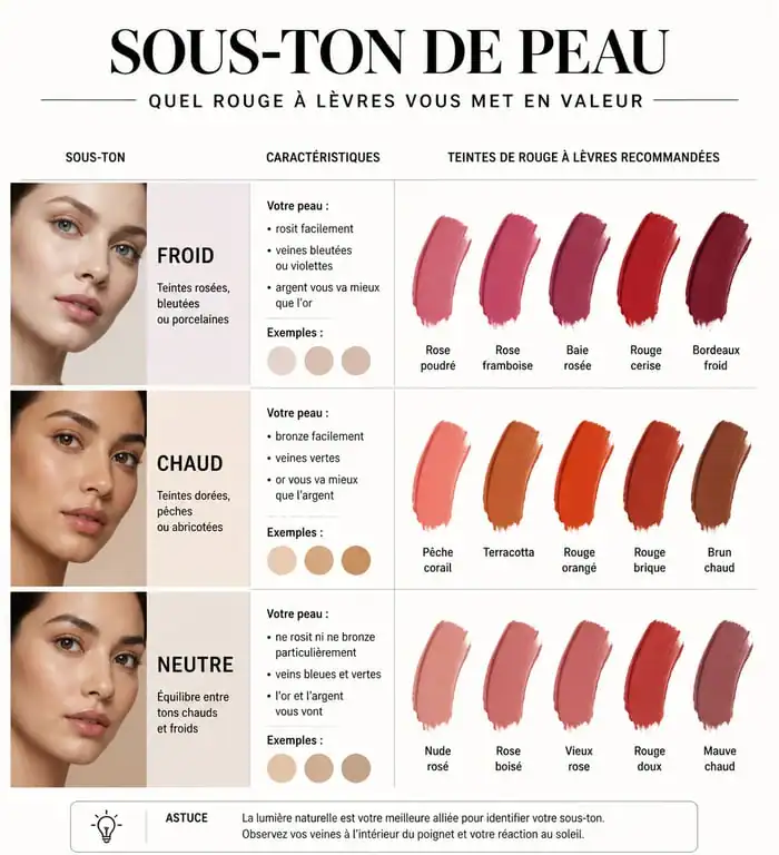 Infographie des couleurs de rouge à lèvres idéales selon le sous-ton de peau claire