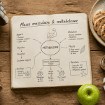 Vue flat-lay métabolisme et musculation carnet haltères
