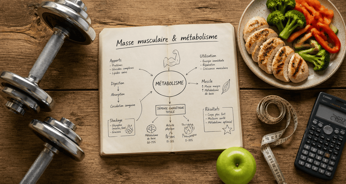Vue flat-lay métabolisme et musculation carnet haltères