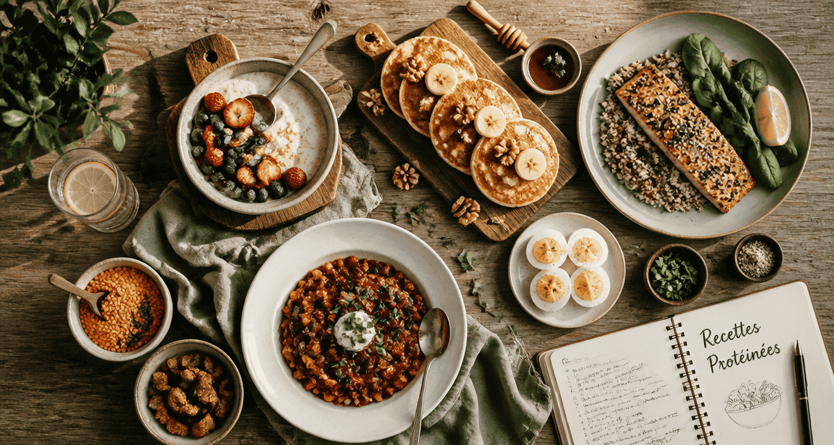 recette riche en proteine musculation, assiettes variées sur table