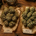 Différence cbd et beuh visuellement : fleurs CBD mates vs beuh brillantes