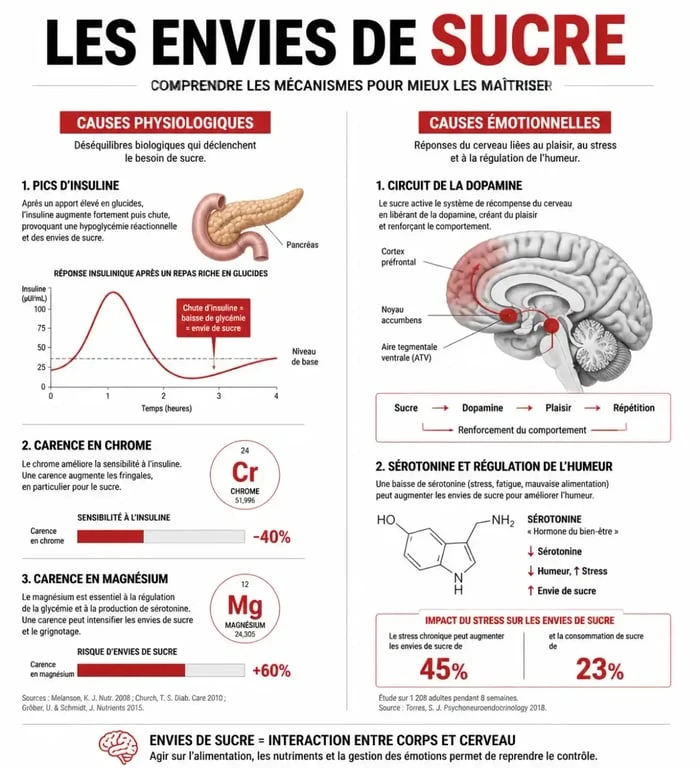 Infographie explicative sur la signification des envies de sucre et leurs causes physiologiques et émotionnelles.