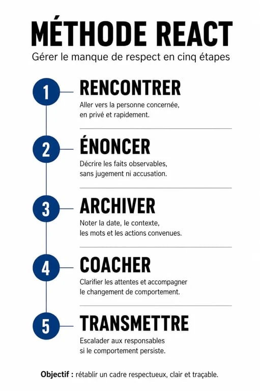 Infographie de la méthode REACT pour gérer le manque de respect au travail