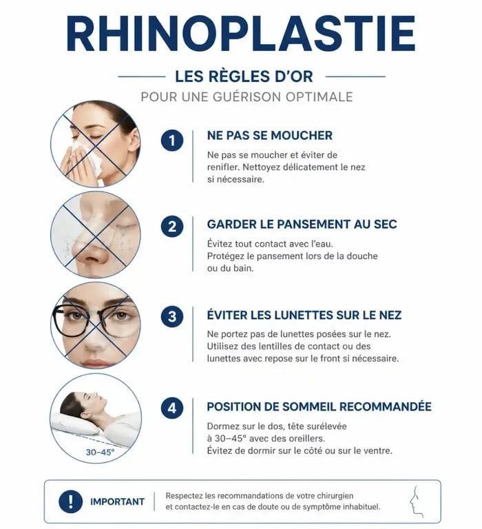 Infographie des conseils et précautions après une rhinoplastie et gestion du pansement nasal