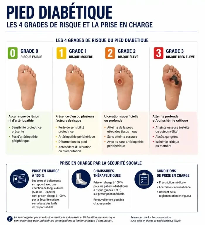 Infographie des grades de risque du pied diabétique et prise en charge par la Sécurité sociale