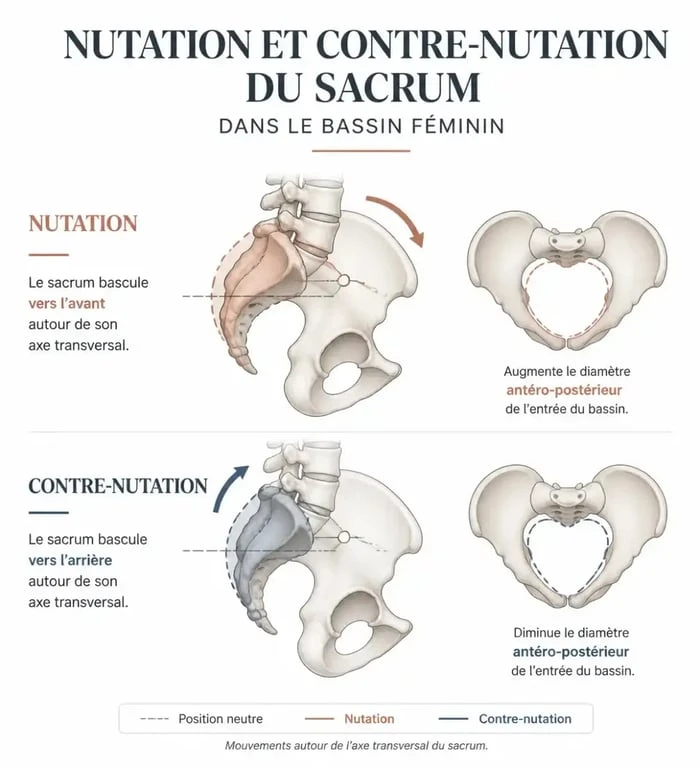 Schéma explicatif du mouvement du bassin de la femme enceinte : nutation et contre-nutation