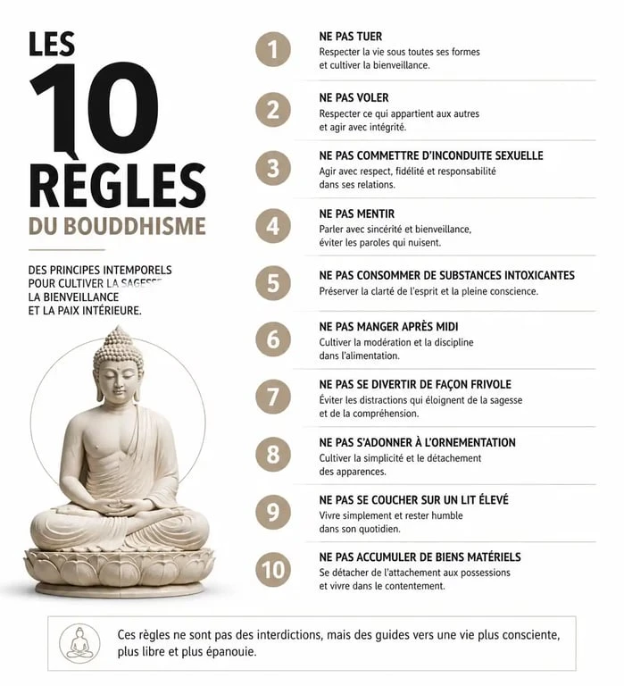 Infographie résumant les 10 règles du bouddhisme pour une vie équilibrée