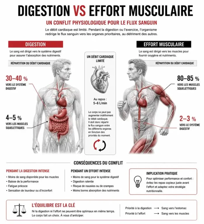 Infographie sur la physiologie de la musculation après manger et la répartition du flux sanguin