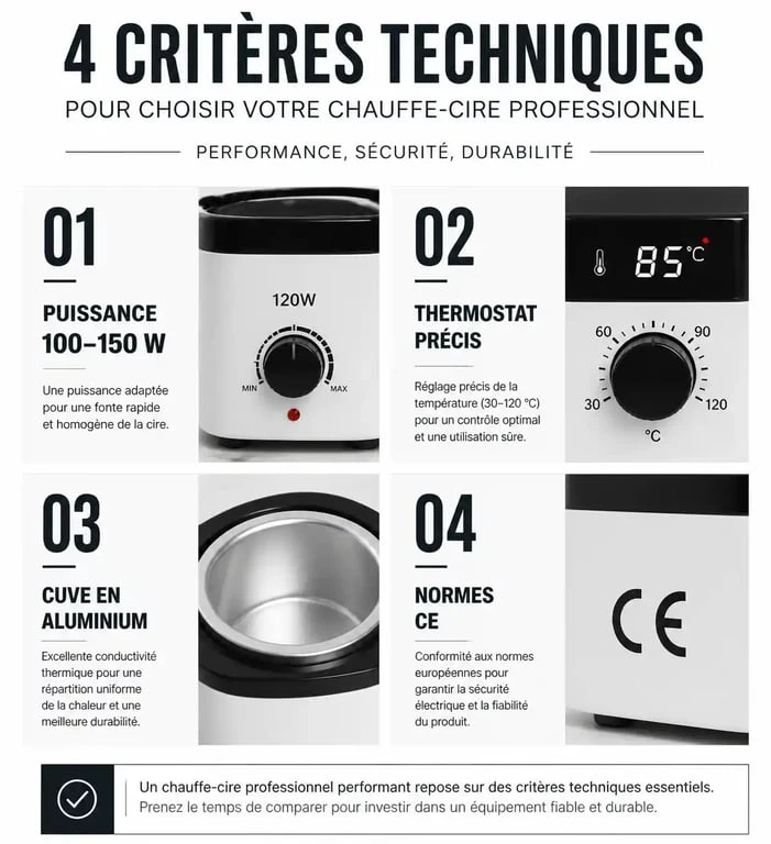 Infographie des critères techniques pour choisir le meilleur chauffe cire professionnel