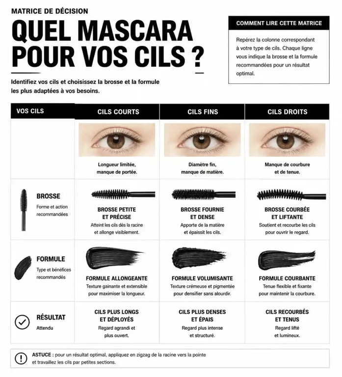 Infographie comparative pour choisir son mascara selon le type de cils et le résultat souhaité
