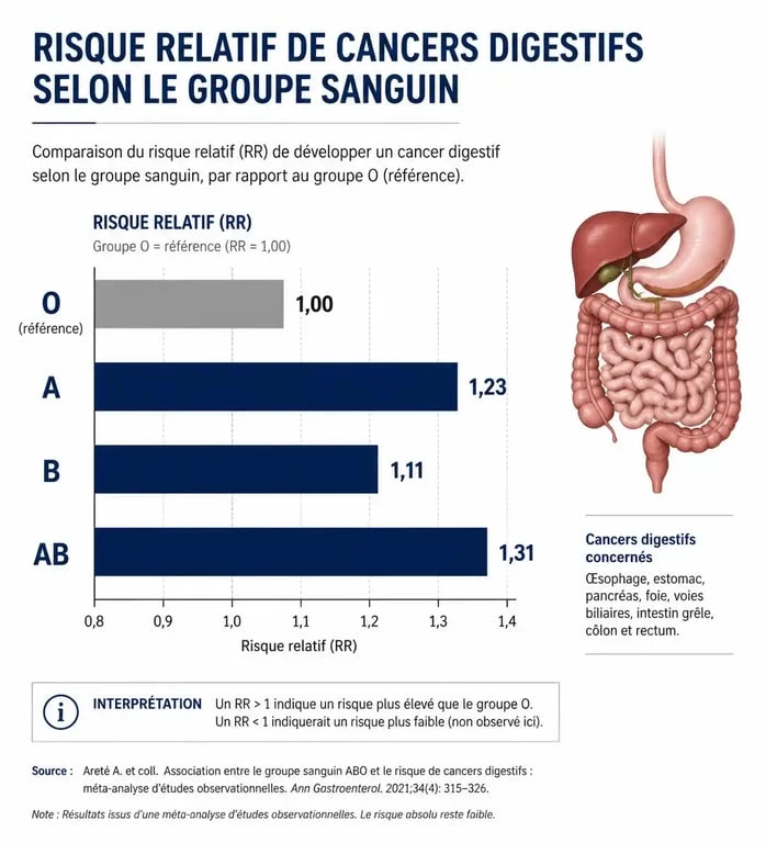 Infographie comparative des risques de cancer selon le groupe sanguin O négatif et les autres groupes