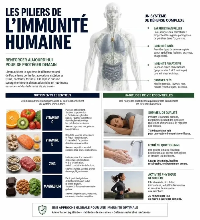 Infographie sur comment ne pas tomber malade : nutriments et habitudes pour renforcer son système immunitaire.