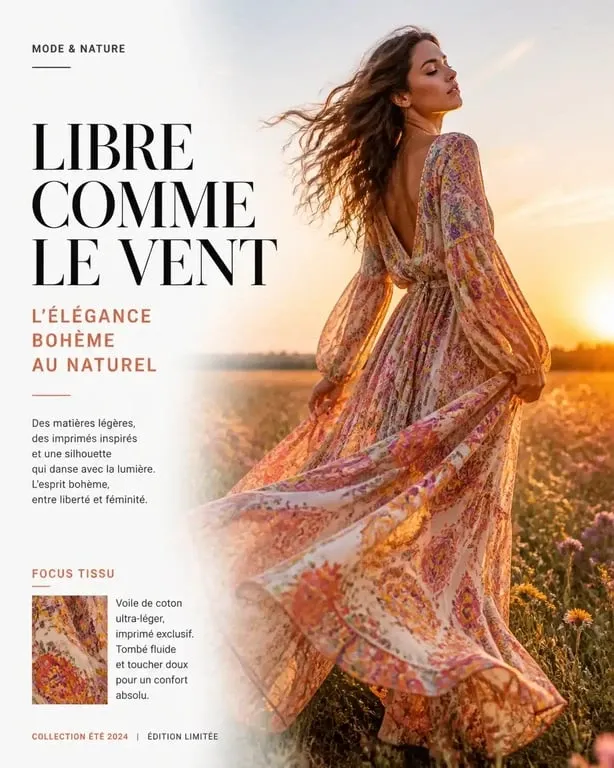 Femme portant une longue robe hippie bohème dans un champ de fleurs