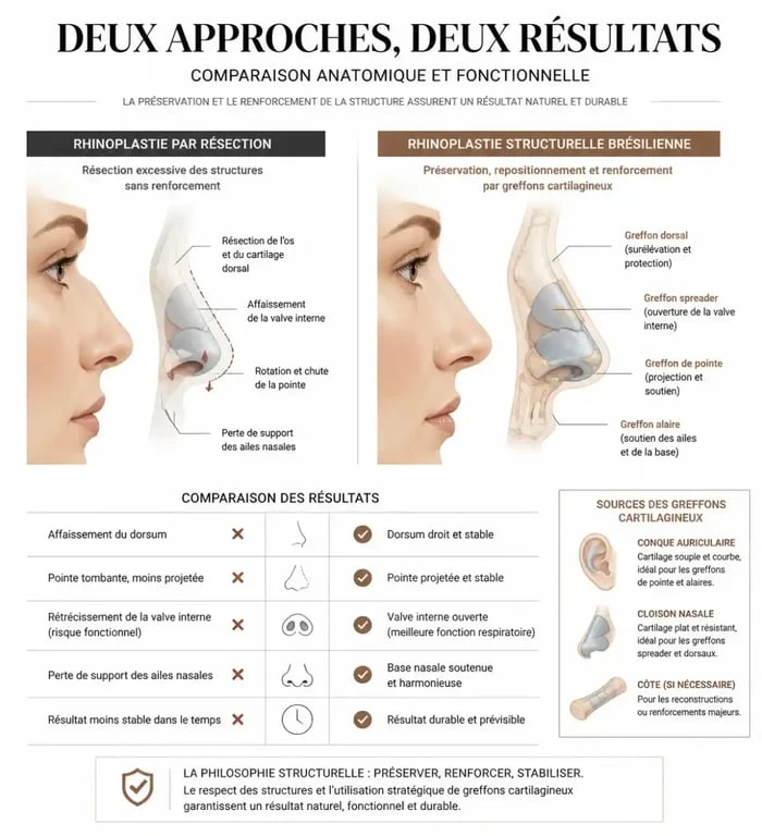 Comparaison entre rhinoplastie par résection et rhinoplastie structurelle brésilienne pour un nez brésilien harmonieux