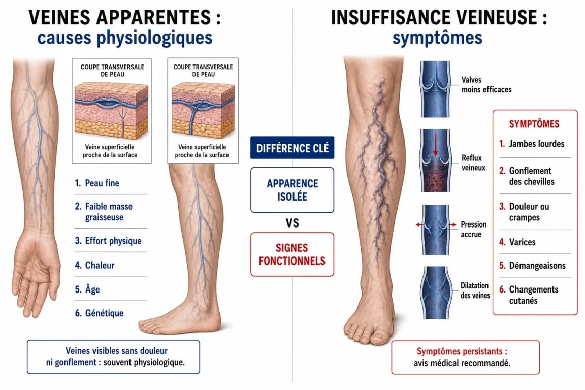 Infographie explicative sur les causes des veines plus visibles que d'habitude et les signes d'alerte.