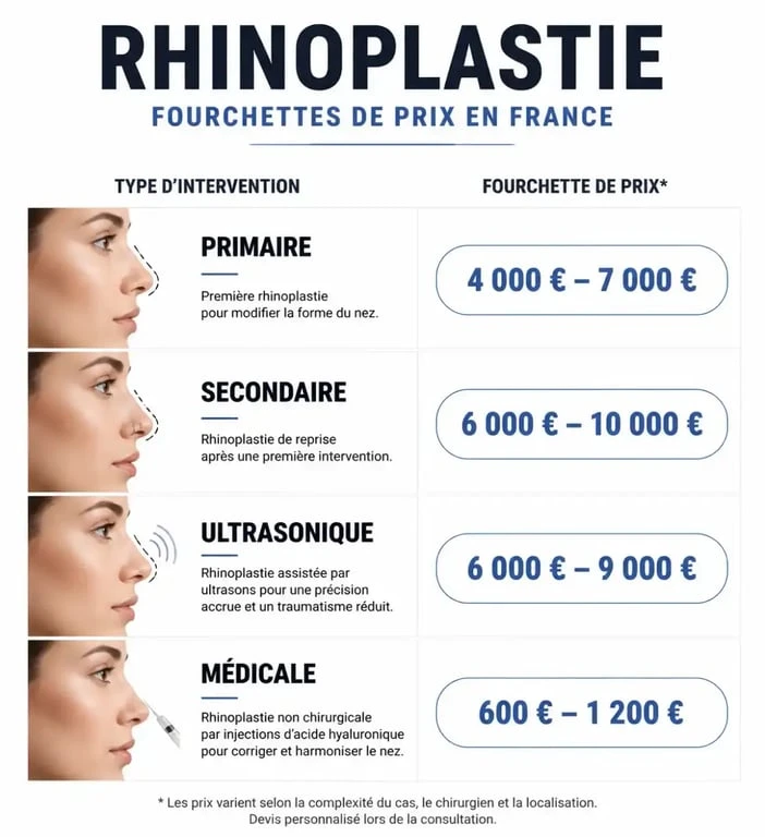 Infographie des prix d'une rhinoplastie en France : comparatif des tarifs selon le type d'intervention