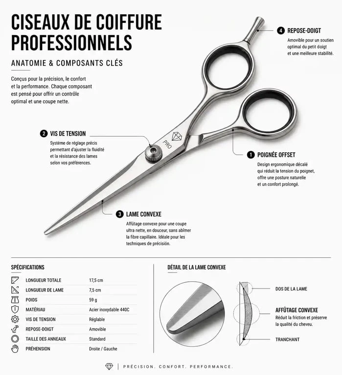 Schéma technique des composants d'une paire de ciseaux de coiffure professionnels pour le top 10 ciseaux coiffure professionnel