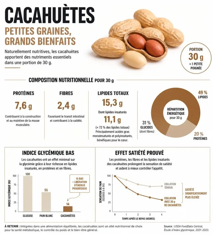 Infographie nutritionnelle : les cacahuètes font-elles grossir ? Apports pour une portion de 30g et bienfaits santé.