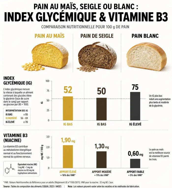 Infographie comparative des apports nutritionnels et de l'index glycémique du pain au maïs pour la santé