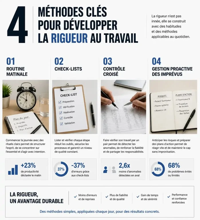 Infographie illustrant les 4 méthodes pour développer la rigueur dans le travail au quotidien