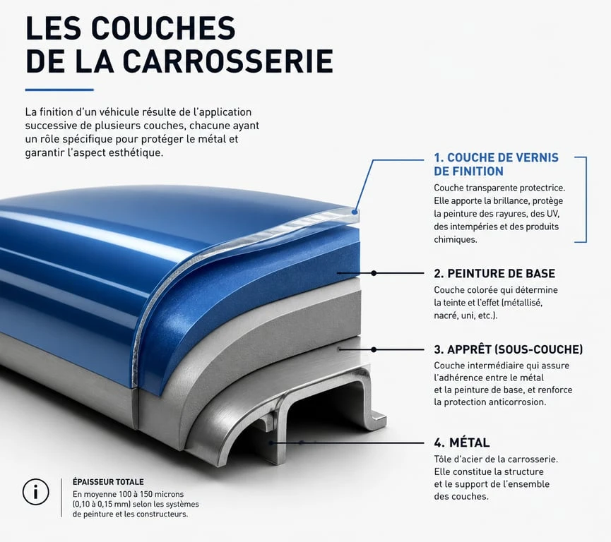 Schéma en coupe des couches de carrosserie pour une retouche vernis voiture réussie