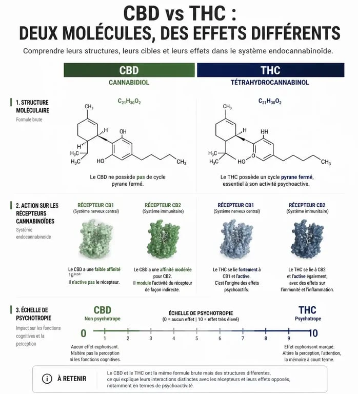 Infographie comparative CBD vs THC : différences, effets et légalité