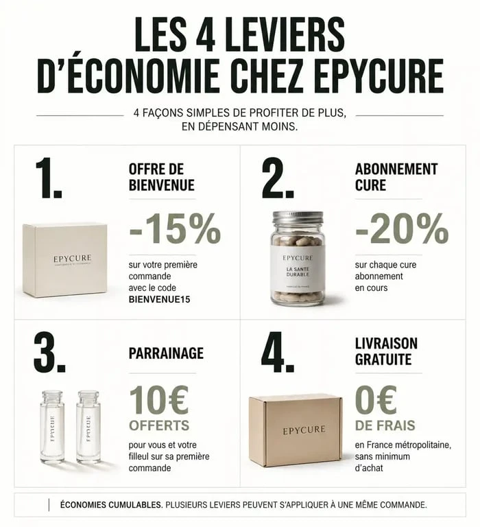 Infographie récapitulative des codes promo et réductions Epycure pour économiser sur vos compléments alimentaires