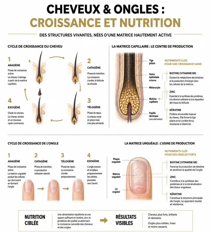 Infographie sur les nutriments essentiels pour la santé des cheveux et des ongles