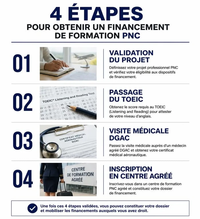 Infographie des étapes pour obtenir une formation hôtesse de l'air gratuite et financée