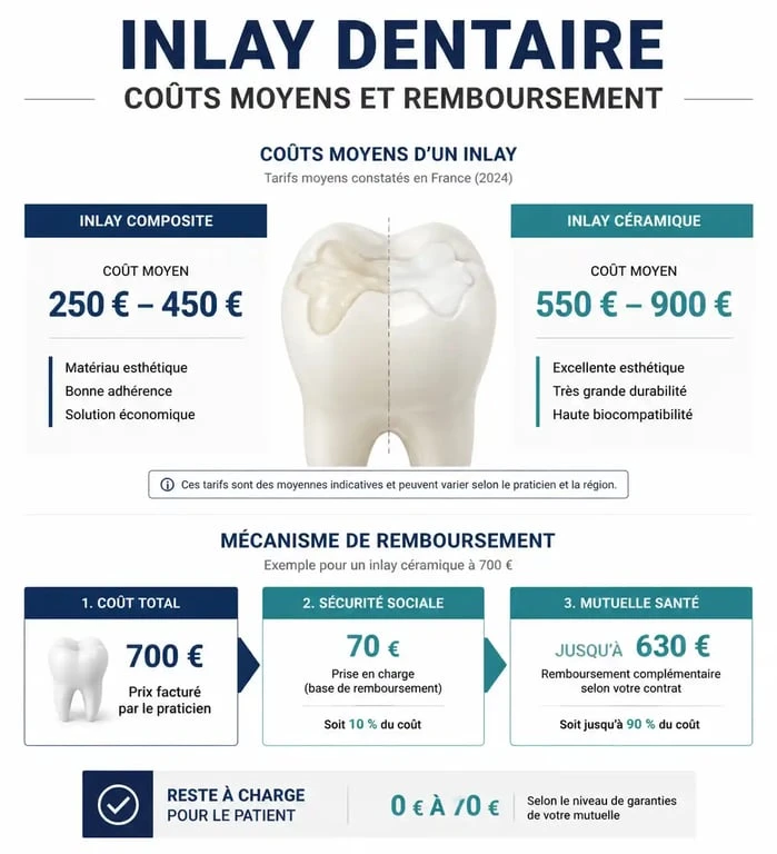 Infographie sur le prix d'un inlay dentaire et les modalités de remboursement par la mutuelle et la Sécurité sociale