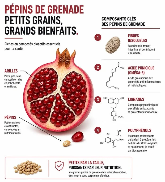 Infographie des bienfaits nutritionnels des pépins de grenade et leurs composants santé