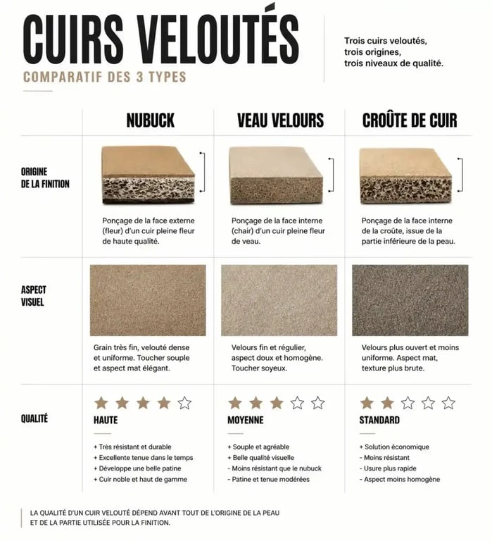 Comparatif des types de cuirs pour chaussures en daim : nubuck, veau velours et croûte de cuir