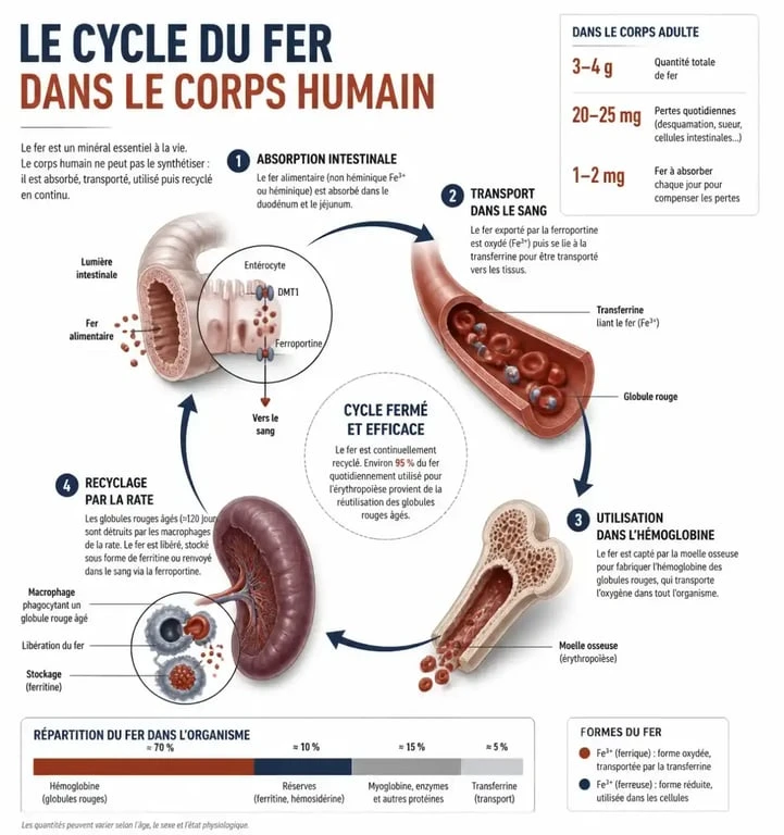 Infographie sur le cycle du fer et son rôle dans le corps humain