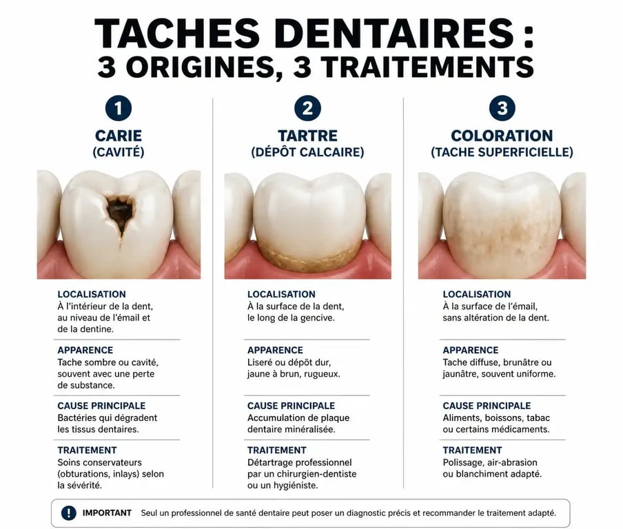 Schéma comparatif des types de taches noires sur les dents : carie, tartre et coloration superficielle pour comprendre comment enlever une tache noire sur les dents.