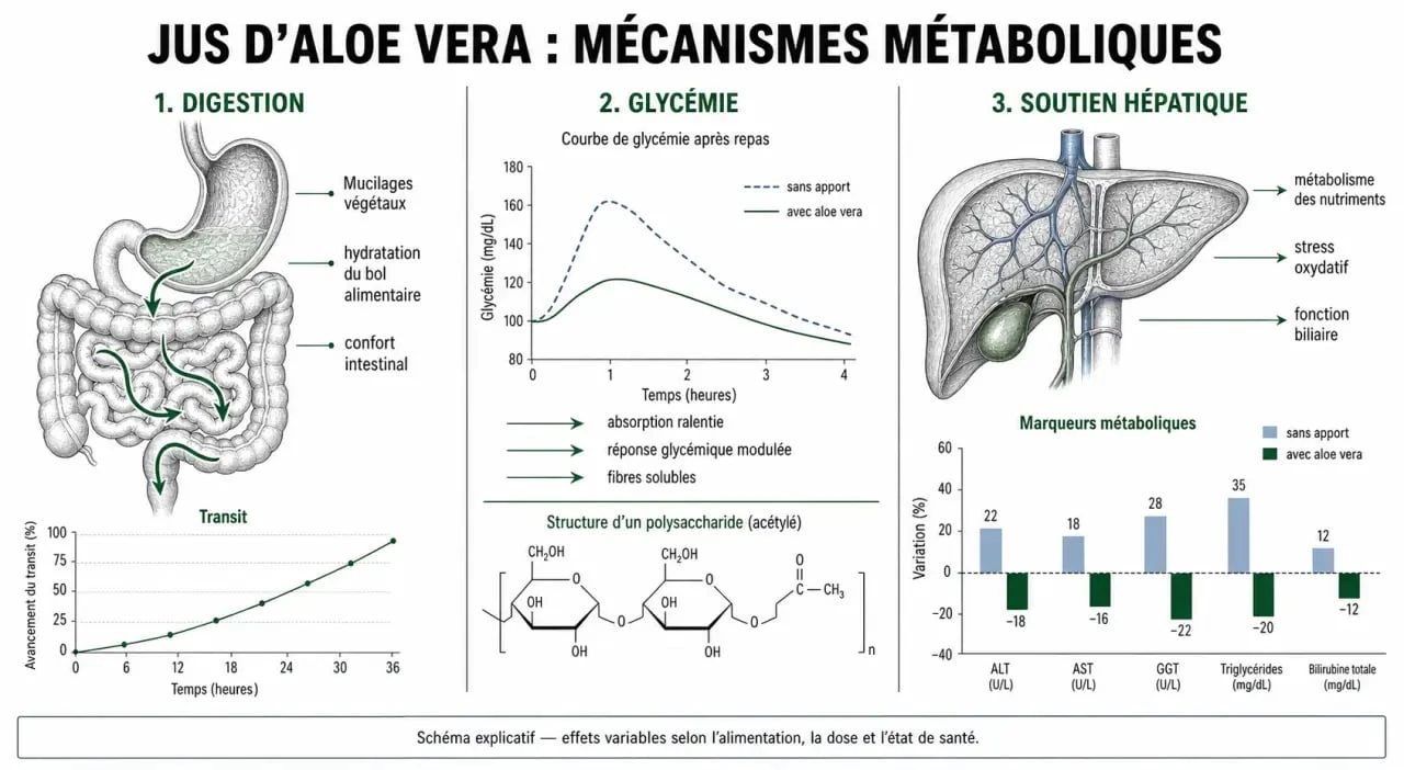 Infographie sur les bienfaits du jus d'aloe vera pour maigrir et son action sur la digestion