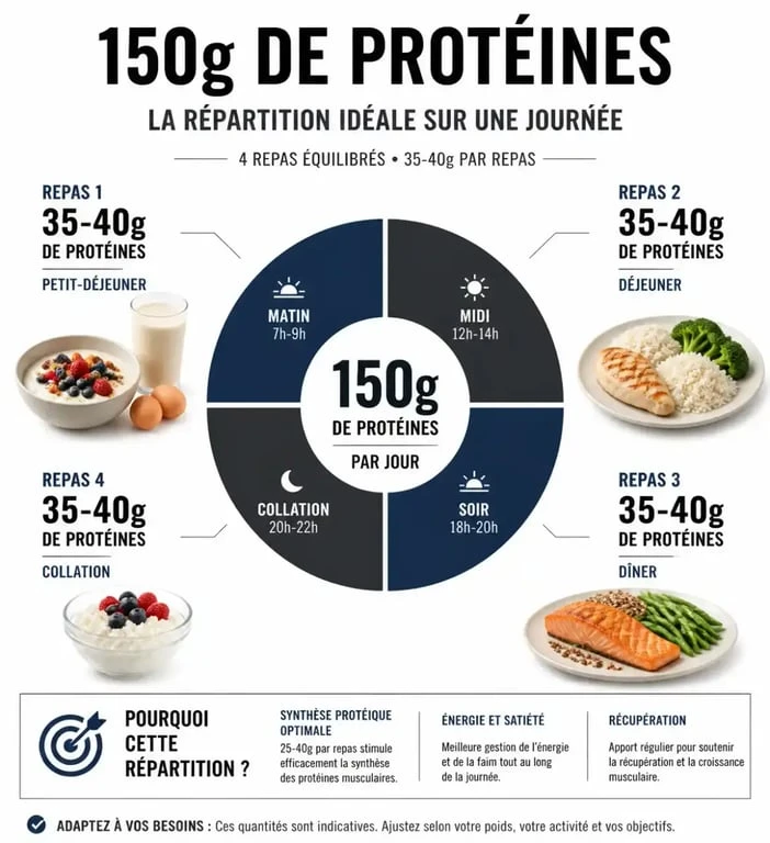 Infographie montrant comment répartir 150g de protéines par jour pour une alimentation équilibrée