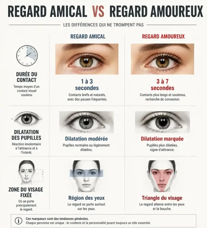 Infographie comparative des signes du regard amoureux et amical pour décrypter l'attirance.
