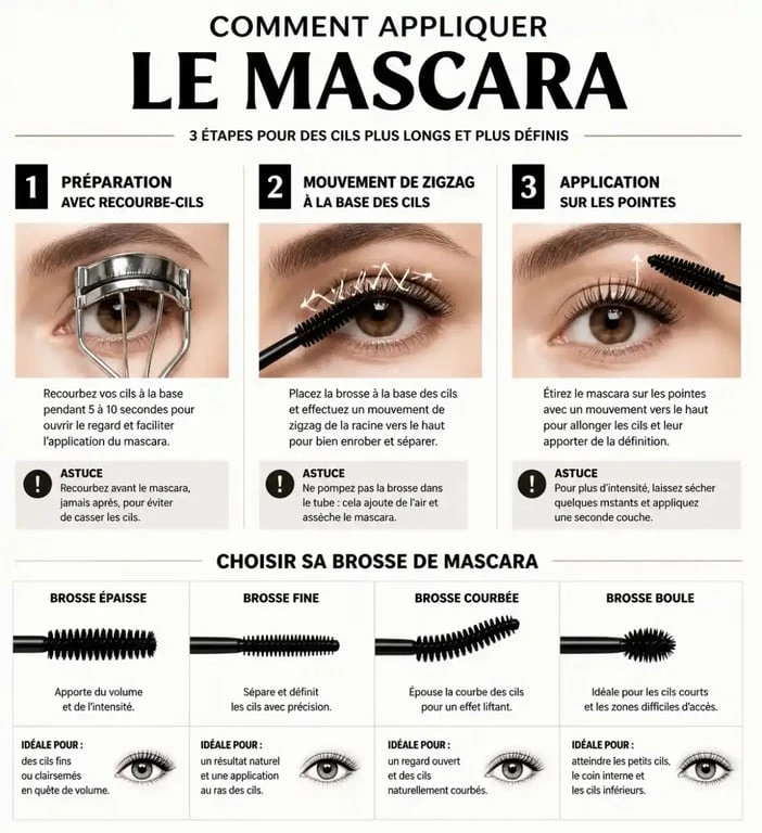 Infographie montrant la technique pas à pas pour bien mettre du mascara et choisir sa brosse