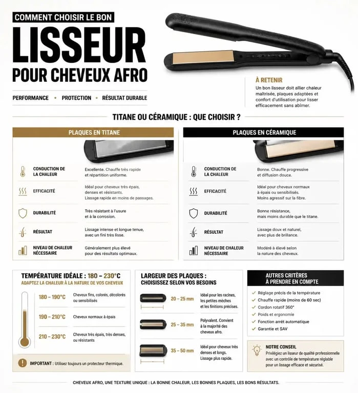 Infographie des critères techniques pour choisir un lisseur cheveux afro performant et sécurisé