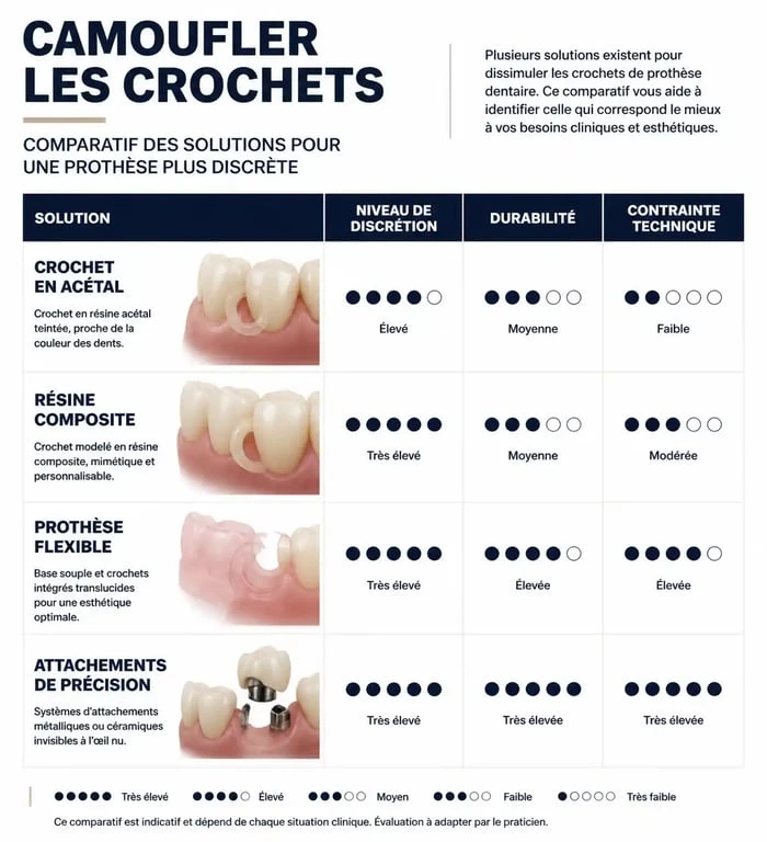 Tableau comparatif des solutions pour camoufler un crochet de prothèse dentaire et retrouver un sourire naturel.