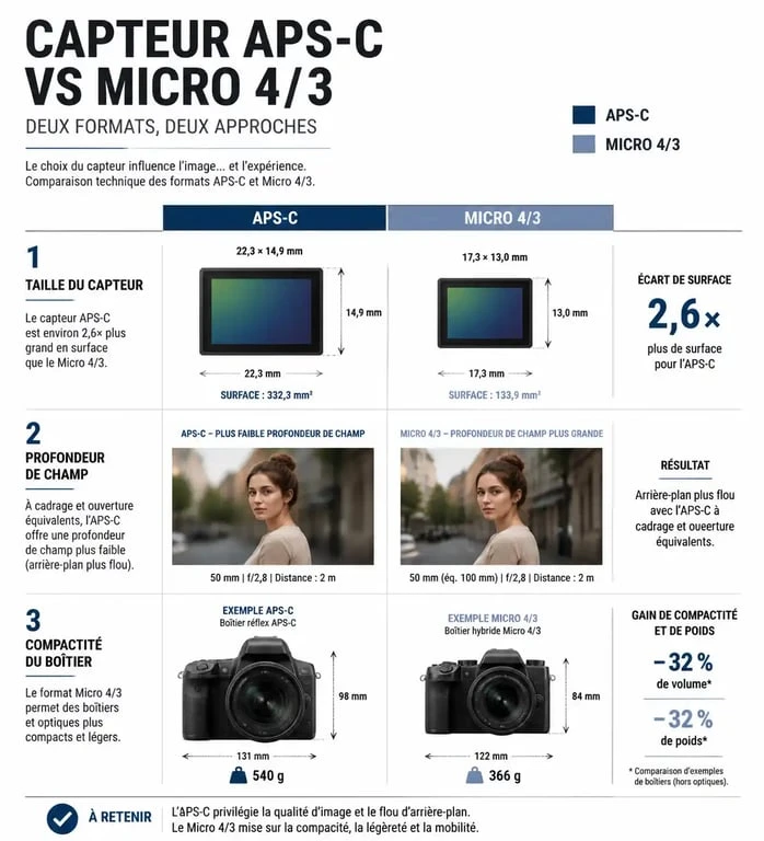 Comparaison technique entre capteur APS-C et Micro 4/3 pour choisir le meilleur appareil photo hybride à moins de 1000 euros
