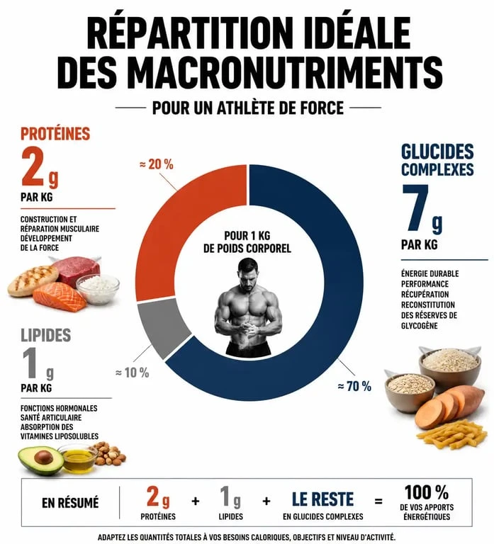 Infographie de la répartition des macronutriments pour la nutrition de la force